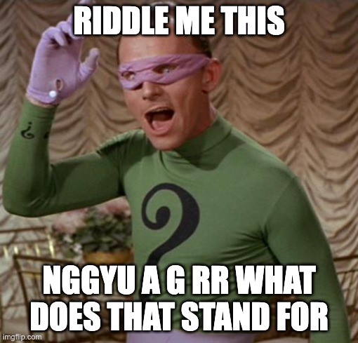 it stands for never gonna give you up and get rick rolled | RIDDLE ME THIS; NGGYU A G RR WHAT DOES THAT STAND FOR | image tagged in riddler | made w/ Imgflip meme maker