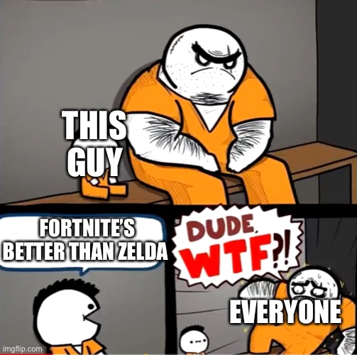 Surprised bulky prisoner | THIS GUY FORTNITE’S BETTER THAN ZELDA EVERYONE | image tagged in surprised bulky prisoner | made w/ Imgflip meme maker