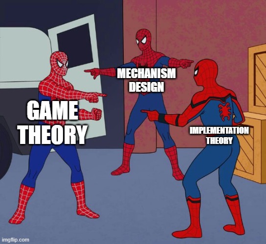 Spider Man Triple |  MECHANISM DESIGN; GAME THEORY; IMPLEMENTATION THEORY | image tagged in spider man triple | made w/ Imgflip meme maker
