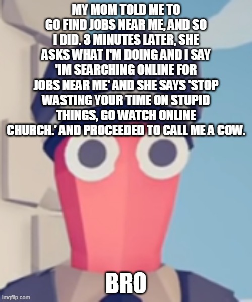 TABS Stare | MY MOM TOLD ME TO GO FIND JOBS NEAR ME, AND SO I DID. 3 MINUTES LATER, SHE ASKS WHAT I'M DOING AND I SAY 'IM SEARCHING ONLINE FOR JOBS NEAR ME' AND SHE SAYS 'STOP WASTING YOUR TIME ON STUPID THINGS, GO WATCH ONLINE CHURCH.' AND PROCEEDED TO CALL ME A COW. BRO | image tagged in tabs stare | made w/ Imgflip meme maker