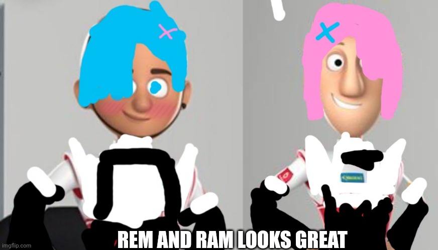 new REM & RAM looks great | REM AND RAM LOOKS GREAT | image tagged in rezero,memes,cursed | made w/ Imgflip meme maker