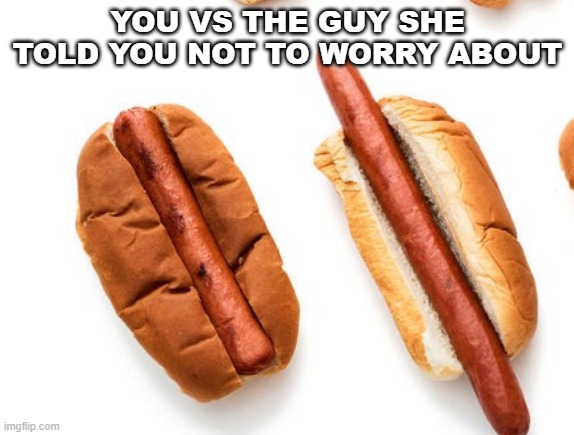 you vs the other guy | YOU VS THE GUY SHE TOLD YOU NOT TO WORRY ABOUT | image tagged in 2 hot dogs | made w/ Imgflip meme maker