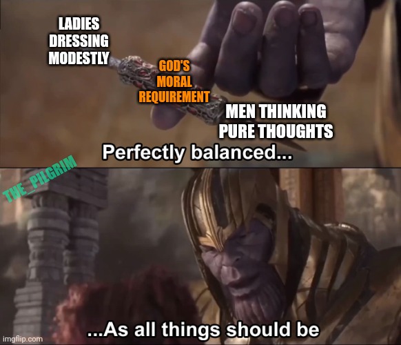 Purity |  LADIES DRESSING MODESTLY; GOD'S MORAL REQUIREMENT; MEN THINKING PURE THOUGHTS; THE_PILGRIM | image tagged in thanos perfectly balanced as all things should be,christianity,holiness,purity | made w/ Imgflip meme maker