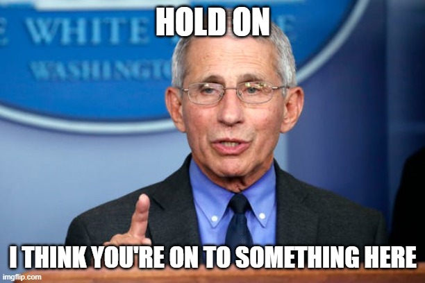 Dr. Fauci | HOLD ON I THINK YOU'RE ON TO SOMETHING HERE | image tagged in dr fauci | made w/ Imgflip meme maker
