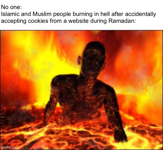 Allah is watching | No one:
Islamic and Muslim people burning in hell after accidentally accepting cookies from a website during Ramadan: | image tagged in burn in hell cop killer | made w/ Imgflip meme maker