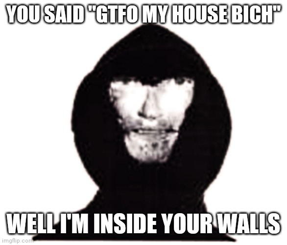 Intruder | YOU SAID "GTFO MY HOUSE BICH"; WELL I'M INSIDE YOUR WALLS | image tagged in intruder | made w/ Imgflip meme maker