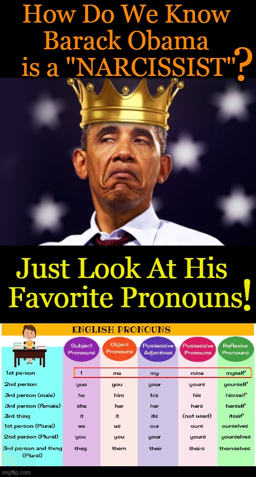 FUN FACT: Obama mentioned himself an eye-popping 467 times in a 2019 '90-min.' town hall (Grabien News) | image tagged in politics,barack obama,narcissist,malignant narcissist,pronouns,all about himself | made w/ Imgflip meme maker