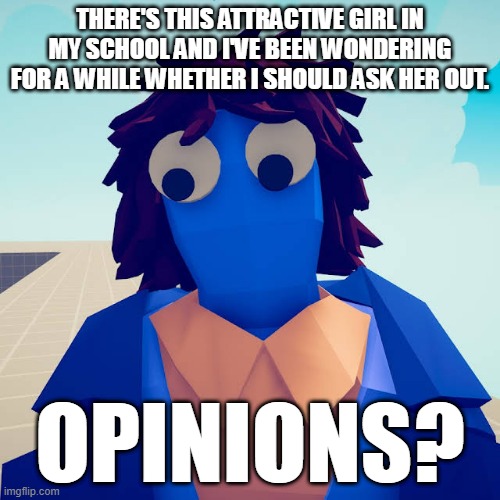 help a brother out, i need to be immune to 'go get bitches'. | THERE'S THIS ATTRACTIVE GIRL IN MY SCHOOL AND I'VE BEEN WONDERING FOR A WHILE WHETHER I SHOULD ASK HER OUT. OPINIONS? | made w/ Imgflip meme maker