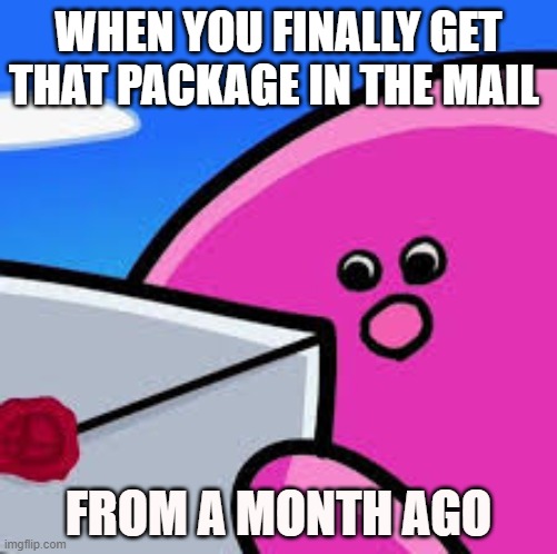 kirbo mail | WHEN YOU FINALLY GET THAT PACKAGE IN THE MAIL; FROM A MONTH AGO | image tagged in funny | made w/ Imgflip meme maker