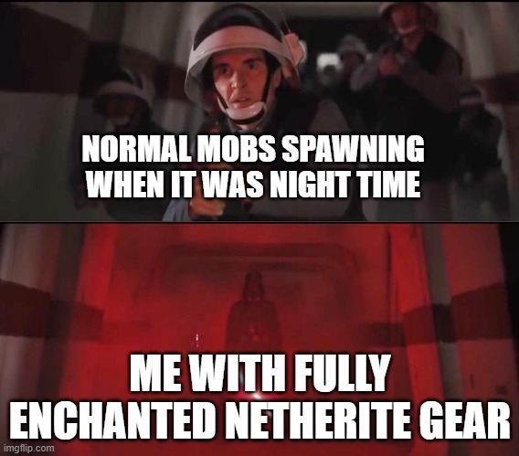 oof | NORMAL MOBS SPAWNING WHEN IT WAS NIGHT TIME; ME WITH FULLY ENCHANTED NETHERITE GEAR | image tagged in vadar vs rebel soldiers hallway meme | made w/ Imgflip meme maker