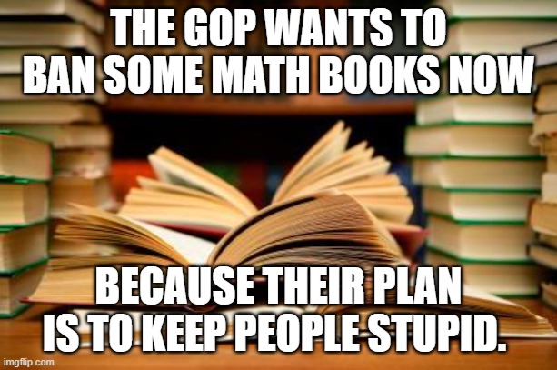 School books | THE GOP WANTS TO BAN SOME MATH BOOKS NOW; BECAUSE THEIR PLAN IS TO KEEP PEOPLE STUPID. | image tagged in school books | made w/ Imgflip meme maker