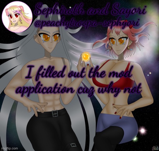 Sayori and Sephiroth | I filled out the mod application cuz why not | image tagged in sayori and sephiroth | made w/ Imgflip meme maker