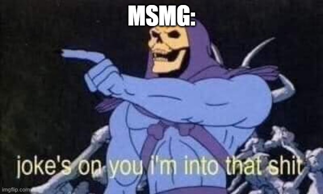 Jokes on you I'm into that shit | MSMG: | image tagged in jokes on you i'm into that shit | made w/ Imgflip meme maker