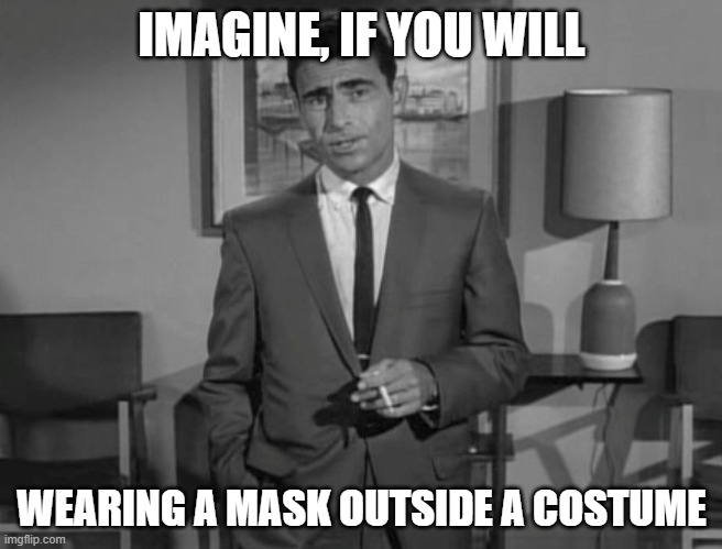 At that point, you are idiotic to think that mask can protect you from anything | IMAGINE, IF YOU WILL; WEARING A MASK OUTSIDE A COSTUME | image tagged in rod serling imagine if you will | made w/ Imgflip meme maker