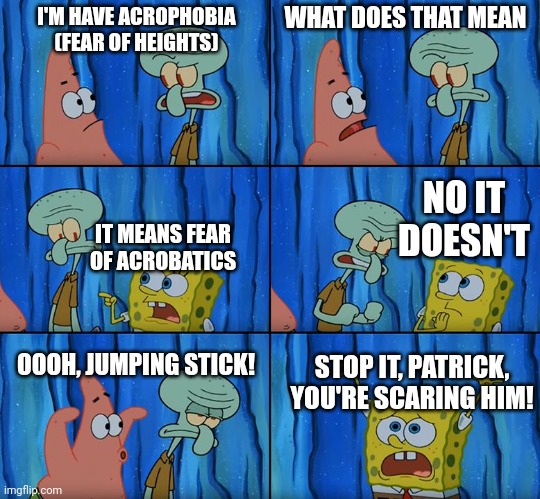 Really? | I'M HAVE ACROPHOBIA (FEAR OF HEIGHTS); WHAT DOES THAT MEAN; NO IT DOESN'T; IT MEANS FEAR OF ACROBATICS; OOOH, JUMPING STICK! STOP IT, PATRICK, YOU'RE SCARING HIM! | image tagged in stop it patrick you're scaring him | made w/ Imgflip meme maker