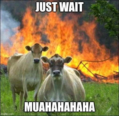 Evil Cows Meme | JUST WAIT MUAHAHAHAHA | image tagged in memes,evil cows | made w/ Imgflip meme maker