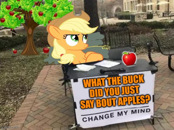Change Applejack's Mind | WHAT THE BUCK DID YOU JUST SAY BOUT APPLES? | image tagged in change applejack's mind | made w/ Imgflip meme maker