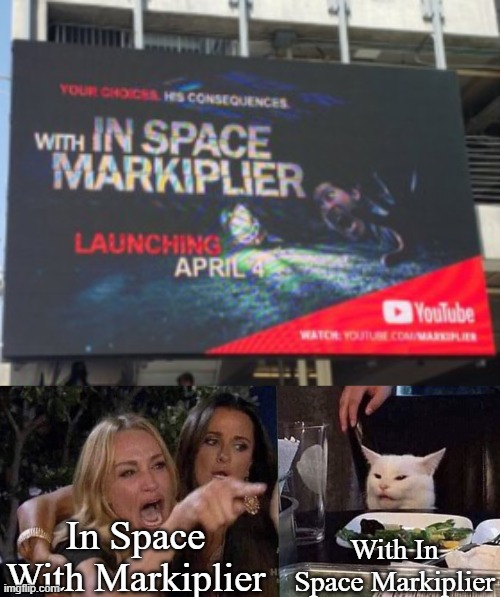 In Space With Markiplier; With In Space Markiplier | image tagged in woman yelling at cat,markiplier | made w/ Imgflip meme maker