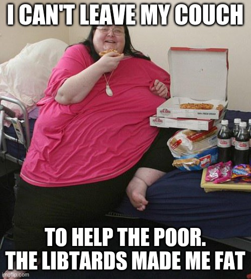 Overweight Pizza Lady | I CAN'T LEAVE MY COUCH TO HELP THE POOR. THE LIBTARDS MADE ME FAT | image tagged in overweight pizza lady | made w/ Imgflip meme maker