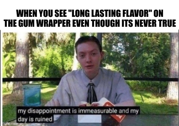 Why do they still write that? | WHEN YOU SEE "LONG LASTING FLAVOR" ON THE GUM WRAPPER EVEN THOUGH ITS NEVER TRUE | image tagged in my dissapointment is immeasurable and my day is ruined,gum,cap,memes,bruh moment,lies | made w/ Imgflip meme maker