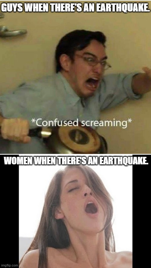 GUYS WHEN THERE'S AN EARTHQUAKE. WOMEN WHEN THERE'S AN EARTHQUAKE. | image tagged in confused screaming,moaning woman | made w/ Imgflip meme maker