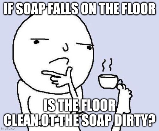 ? | IF SOAP FALLS ON THE FLOOR; IS THE FLOOR CLEAN OT THE SOAP DIRTY? | image tagged in thinking meme | made w/ Imgflip meme maker