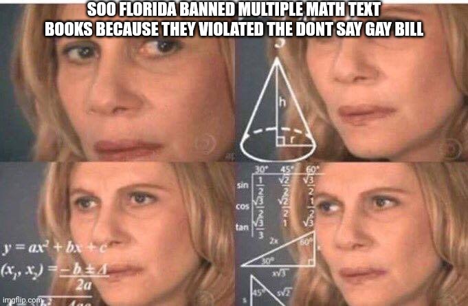 a enby kid bought 20 milk cartons and drank 12 how many do they have now. | SOO FLORIDA BANNED MULTIPLE MATH TEXT BOOKS BECAUSE THEY VIOLATED THE DONT SAY GAY BILL | image tagged in math lady/confused lady | made w/ Imgflip meme maker