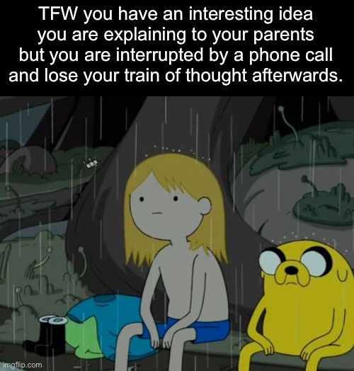 True story |  TFW you have an interesting idea you are explaining to your parents but you are interrupted by a phone call and lose your train of thought afterwards. | image tagged in memes,life sucks,oof,parents | made w/ Imgflip meme maker