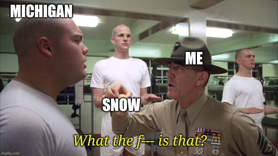Again? | MICHIGAN; ME; SNOW; What the f--- is that? | image tagged in what is that private pyle,michigan weather,memes,snow sucks,storm | made w/ Imgflip meme maker