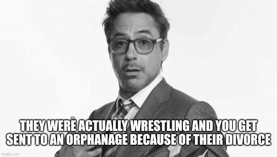 Robert Downey Jr's Comments | THEY WERE ACTUALLY WRESTLING AND YOU GET SENT TO AN ORPHANAGE BECAUSE OF THEIR DIVORCE | image tagged in robert downey jr's comments | made w/ Imgflip meme maker