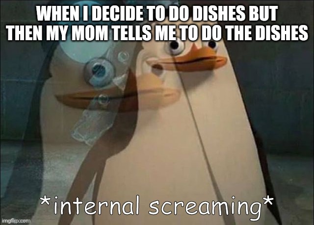 This is a pain | WHEN I DECIDE TO DO DISHES BUT THEN MY MOM TELLS ME TO DO THE DISHES | image tagged in private internal screaming | made w/ Imgflip meme maker