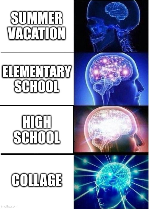 Expanding Brain Meme | SUMMER VACATION; ELEMENTARY SCHOOL; HIGH SCHOOL; COLLAGE | image tagged in memes,expanding brain | made w/ Imgflip meme maker