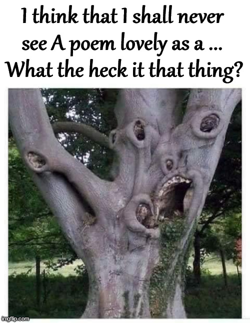 I think that i shall never see tree poem | I think that I shall never 
see A poem lovely as a ... 
What the heck it that thing? | image tagged in cursed image | made w/ Imgflip meme maker
