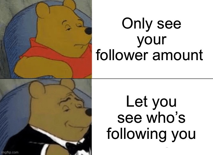 Another good idea | Only see your follower amount; Let you see who’s following you | image tagged in memes,tuxedo winnie the pooh | made w/ Imgflip meme maker