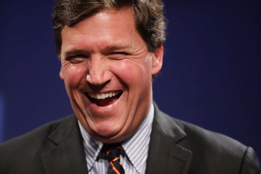 High Quality Tucker Carlson laughing at the morons who watch his show Blank Meme Template