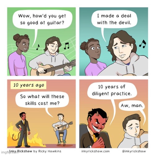 Practice makes perfect | image tagged in comics,funny,memes,guitar,practice,devil | made w/ Imgflip meme maker