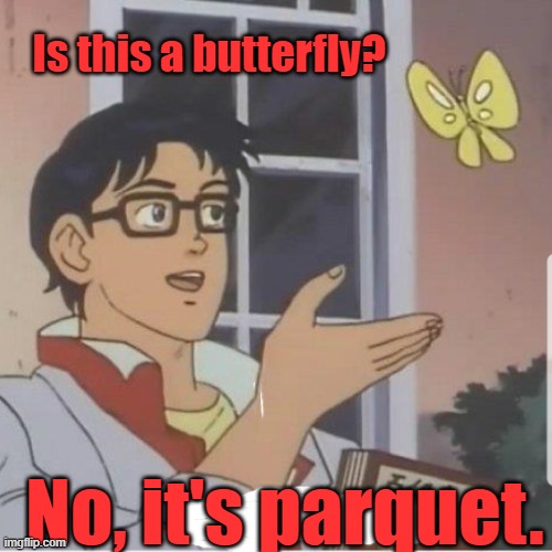 Butterfly?  No, Parquet. |  Is this a butterfly? No, it's parquet. | image tagged in butterfly man,butterfly,parquet,parkay,butter | made w/ Imgflip meme maker