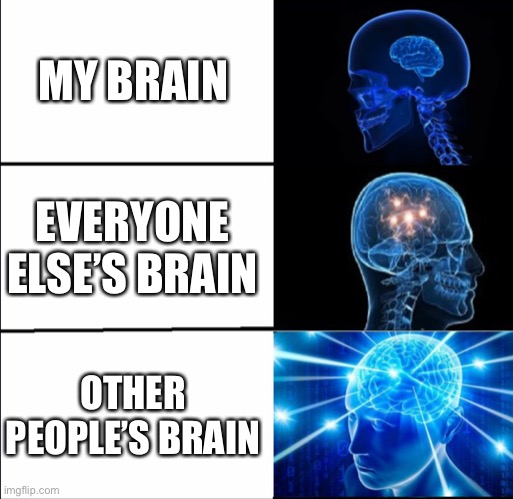 :( | MY BRAIN; EVERYONE ELSE’S BRAIN; OTHER PEOPLE’S BRAIN | image tagged in galaxy brain 3 brains | made w/ Imgflip meme maker