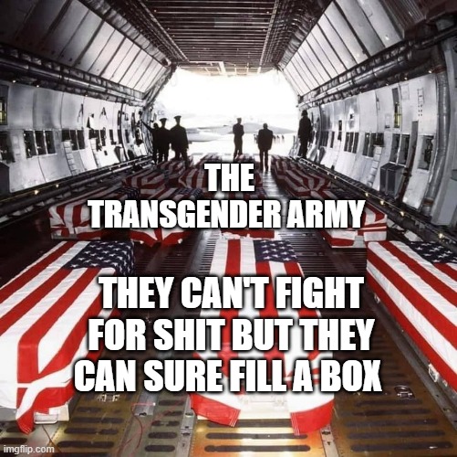 Military Tragedy | THE TRANSGENDER ARMY; THEY CAN'T FIGHT FOR SHIT BUT THEY CAN SURE FILL A BOX | image tagged in military tragedy | made w/ Imgflip meme maker