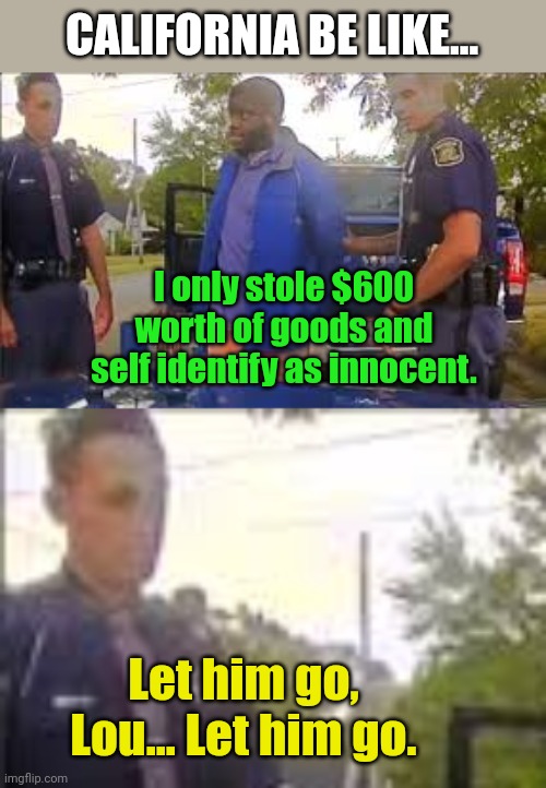 Gee why is it a crime ridden hellhole? | CALIFORNIA BE LIKE... I only stole $600 worth of goods and self identify as innocent. Let him go, Lou... Let him go. | image tagged in california,sweet release | made w/ Imgflip meme maker