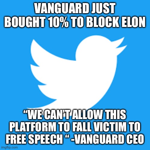Twitter future | VANGUARD JUST BOUGHT 10% TO BLOCK ELON; “WE CAN’T ALLOW THIS PLATFORM TO FALL VICTIM TO FREE SPEECH “ -VANGUARD CEO | image tagged in fun,upvote,twitter,elon | made w/ Imgflip meme maker