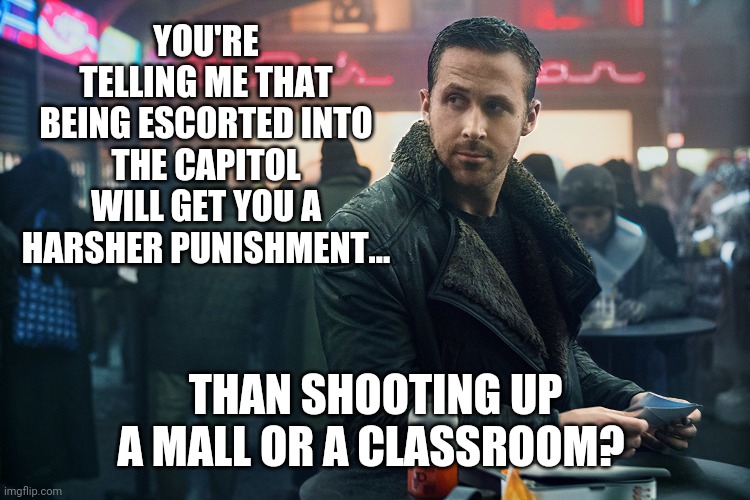 The only ones not being released from jail are the ones that shouldn't even be there. | YOU'RE TELLING ME THAT BEING ESCORTED INTO THE CAPITOL WILL GET YOU A HARSHER PUNISHMENT... THAN SHOOTING UP A MALL OR A CLASSROOM? | image tagged in blade runner | made w/ Imgflip meme maker