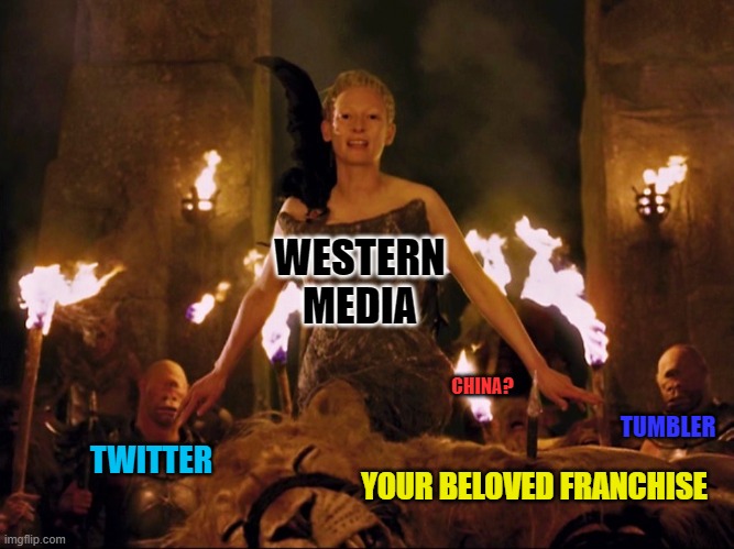 WESTERN MEDIA; CHINA? TUMBLER; YOUR BELOVED FRANCHISE; TWITTER | made w/ Imgflip meme maker