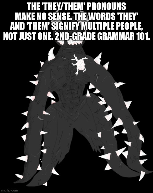 im homophobic just so you know | THE 'THEY/THEM' PRONOUNS MAKE NO SENSE. THE WORDS 'THEY' AND 'THEM' SIGNIFY MULTIPLE PEOPLE, NOT JUST ONE. 2ND-GRADE GRAMMAR 101. | image tagged in spike the anomaly | made w/ Imgflip meme maker