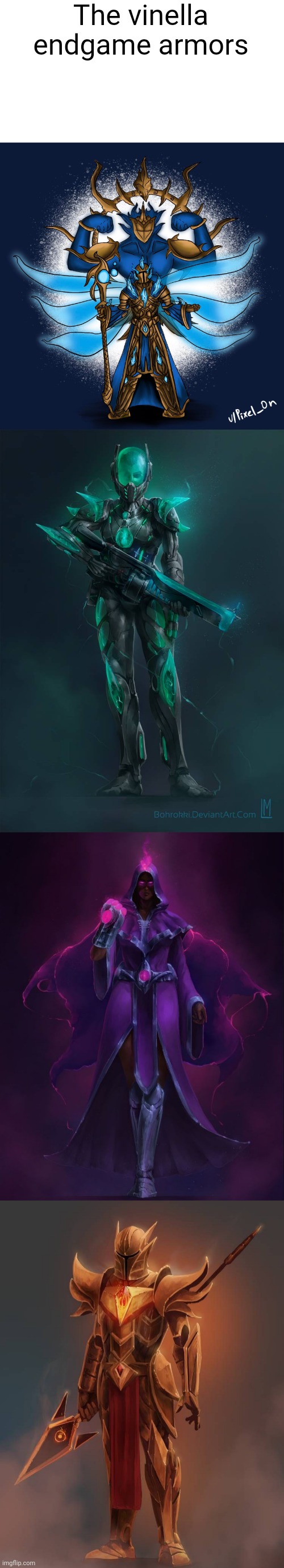 Choose your fighter (just felt like posting this for no reason) | The vinella endgame armors | image tagged in stardust armor is top,vortex is below stardust,nebula is below vortex,and solar flare is bottom | made w/ Imgflip meme maker