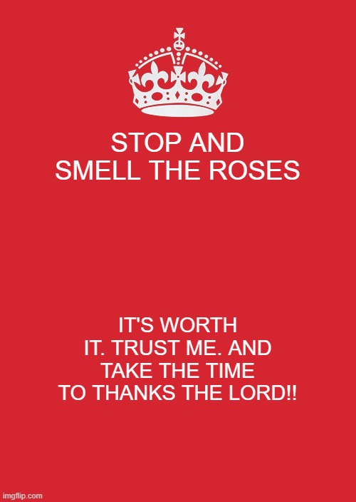 Stop and smell the roses | STOP AND SMELL THE ROSES; IT'S WORTH IT. TRUST ME. AND TAKE THE TIME TO THANKS THE LORD!! | image tagged in memes,keep calm and carry on red | made w/ Imgflip meme maker