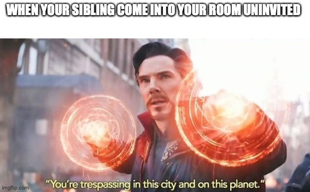 kick them out | WHEN YOUR SIBLING COME INTO YOUR ROOM UNINVITED | image tagged in dr strange you're trespassing meme,fun,funny,memes | made w/ Imgflip meme maker