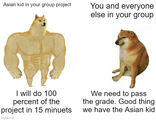 Group assignment | Asian kid in your group project; You and everyone else in your group; I will do 100 percent of the project in 15 minuets; We need to pass the grade. Good thing we have the Asian kid | image tagged in memes,buff doge vs cheems | made w/ Imgflip meme maker