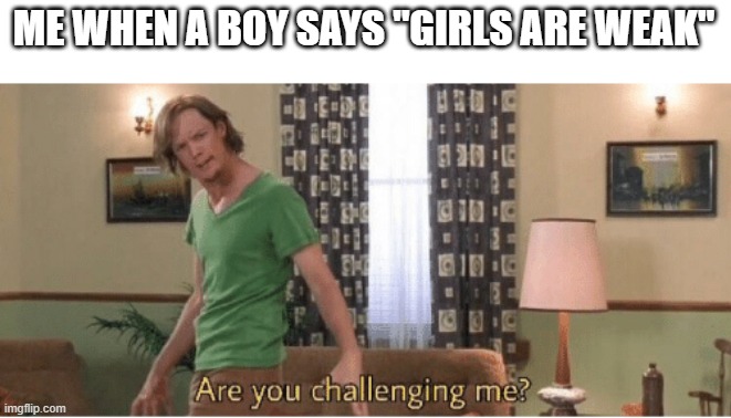 are you challenging me | ME WHEN A BOY SAYS "GIRLS ARE WEAK" | image tagged in are you challenging me | made w/ Imgflip meme maker