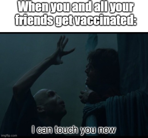 Covid |  When you and all your friends get vaccinated:; I can touch you now | image tagged in blank white template,covid vaccine,covid-19,meme,harry potter | made w/ Imgflip meme maker